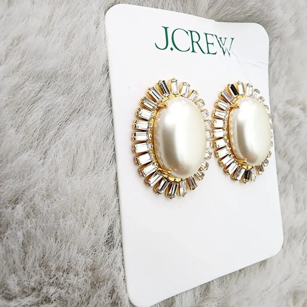 J. Crew Oversized Pearl and Baguette Crystal Statement Stud Earrings Gold NWT